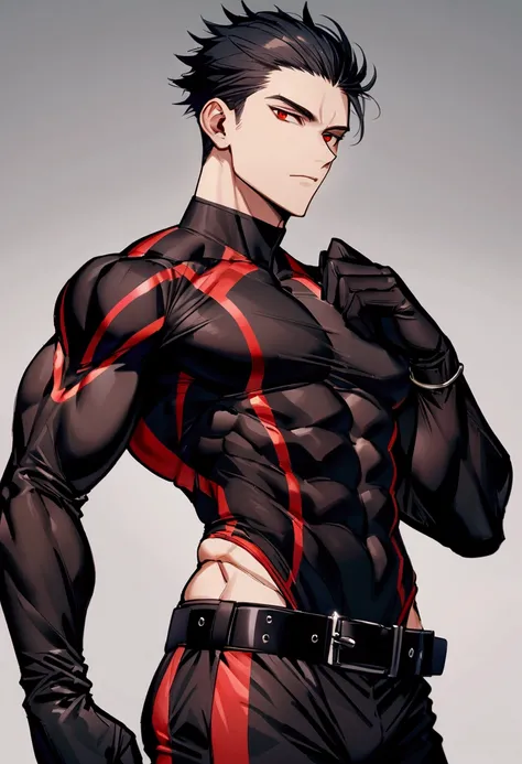 masculine man, tall, muscular, long-sleeved sports shirt made of black lycra, short black hair combed back and red eyes, black belt and black gloves, slim, 24 years old