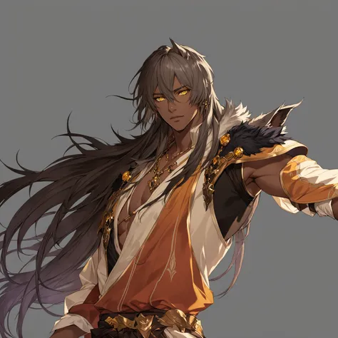 masterpiece, best quality, good quality, Fantasy aesthetics, Highly detailed, shadowverse style, male, dark skin, white hair, yellow eyes, wolf ear