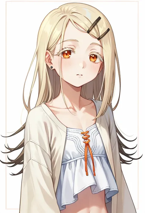 hiro-default,shinosawa hiro,slender,orange eyes,white eyelashes,blonde hair,long hair,hairclip、[[[[[[early pregnancy]]]]]], six pack, thin belly, flat breast, girl, solo, {{best quality, very aesthetic}},白いマイクロビキニ