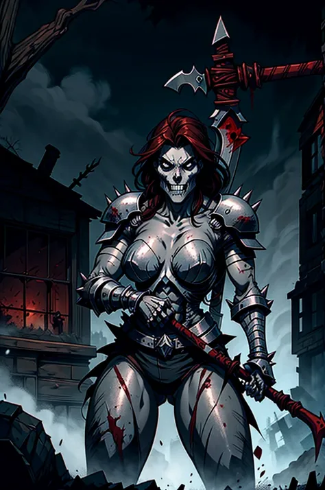 draw a skeleton wearing spiked armor, holding an axe with blood, fighting zombies in a dark environment