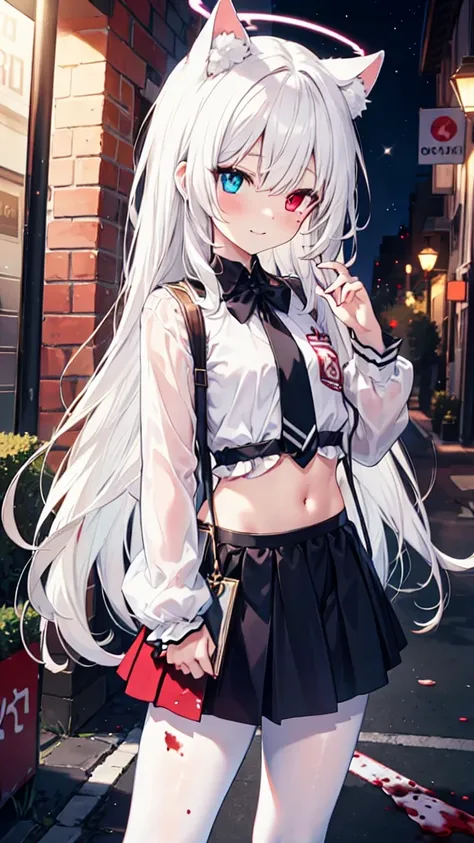 white pantyhose，white hair，crazy，long hair，cat ear，heterochromia（left blue right red），female face，there are bright spots in the ...