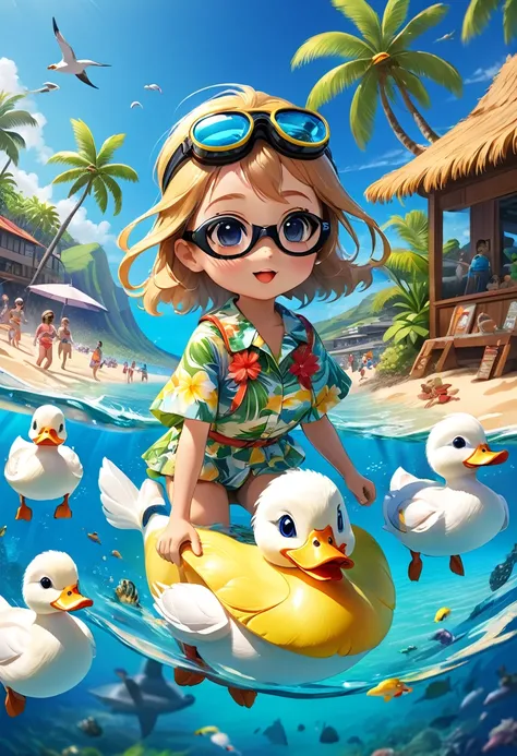 Esbian all over body、Cool white duck、Pop White Duck、Diorama、Simple Background、Underwater goggles、Snorkel、Aloha Shirt、Hawaii beach background、Cape、Best Quality, Capture the cutest moments, Depth of written boundary, Super detailed, Ultra-high resolution, Oc...