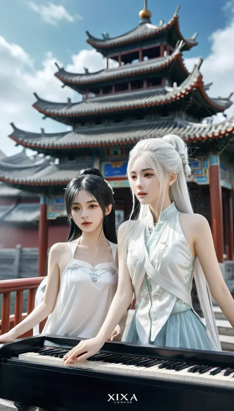 two girls, a girl holding a piano, a girl holding a pipa, white hair, xianxia fantasy, cg social popularity, chinese tower, fore...