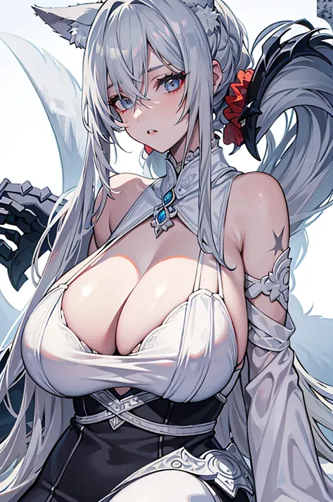 best qualtiy，tmasterpiece，The is very detailed，4K，Gray hair and shallow eyes，Drag cool expressions，Wolf ears，Erect scar on the left eye，British style，1girl，Absolutely beautiful, huge breasts, white costume, animal ear Scrunchie