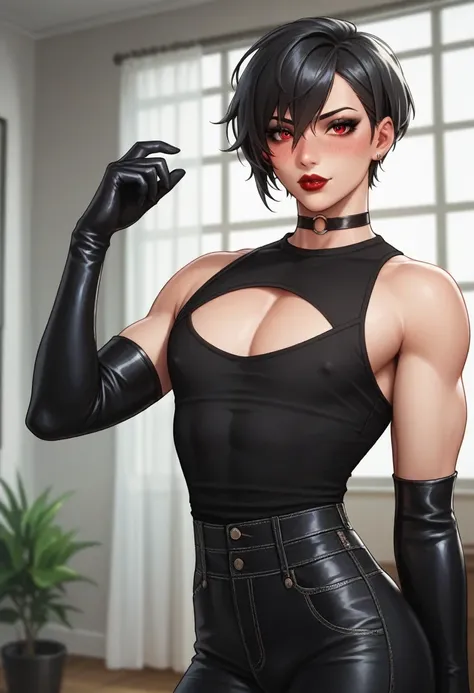 1boy, black eyeliner, male medium length mullet hairstyle, medium sharp hair texture, black hair, handsome, red eyes, black long gloves, black oversize clothes, room, red lipstick, femboy, blush, thin waist, black sweater, black oversize pants, choker, bea...