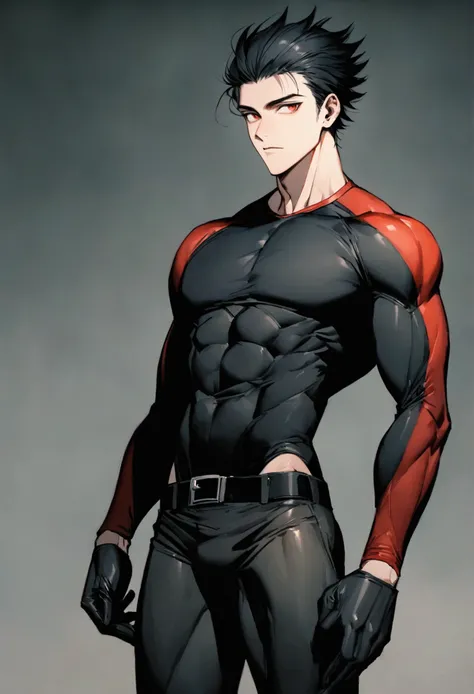 masculine man, tall, muscular, long-sleeved sports shirt made of black lycra, short black hair combed back and red eyes, black belt and black gloves, slim, 24 years old