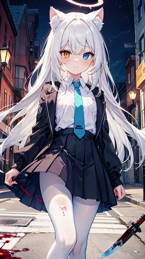 white pantyhose，white hair，crazy，long hair，cat ear，heterochromia（left blue right red），female face，there are bright spots in the ...