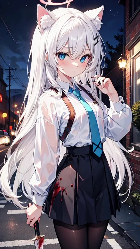 White pantyhose，White hair，crazy，Long hair，Cat ear，Heterochromia（Left blue right red），Female face，There are bright spots in the eyes，flat chest，red halo，night，uninhabited alley，Black skirt，With a knife，There are blood stains on the body，Loss of light in th...