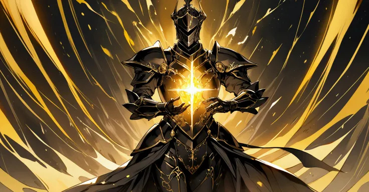 A knight in full black armor with gold details in a setting with a magical yellow aura