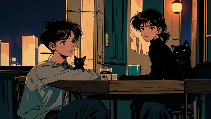 best quality, 8k, 1990s style,2010s hairstyles, 21-year-old boy, black hair,  light brown eyes, city pop, pants ,night view, wearing headphones, whole body,  relax coffee,table,confection,Looking at me, Black cat
