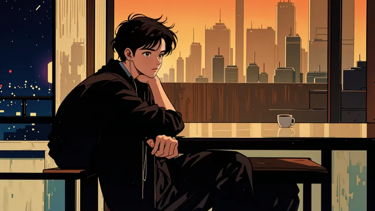 best quality, 8k, 1990s style,2010s hairstyles, 21-year-old boy, black hair,  light brown eyes, city pop, pants ,night view, wearing headphones, whole body,  relax coffee,table,confection,Looking at me, Black cat
