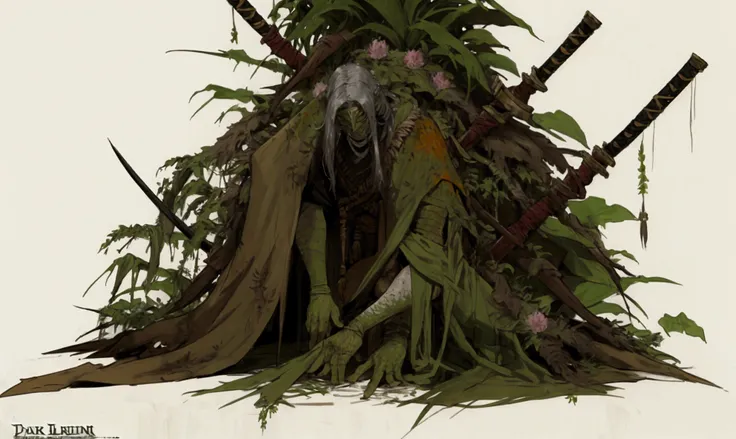 elden ring, dark souls, concept art sheet, items, weapons: Tribal Warrior wearing tattered clothing taken over by flowers and jungle plants