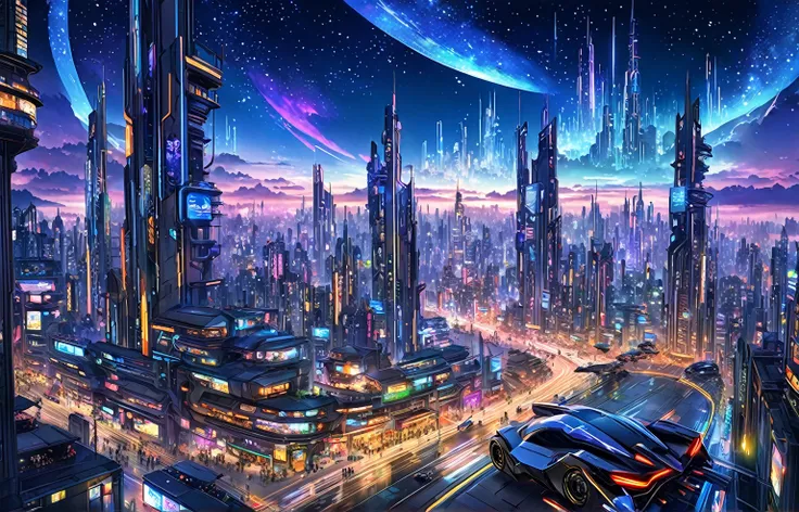 A painting of a Highly detailed A futuristic cyberpunk cityscape at night with towering neon-lit skyscrapers, flying cars, and a diverse crowd of humans and androids,, concept art inspired by Tosa Mitsuoki, pixiv contest winner, best quality, fantasy art, ...