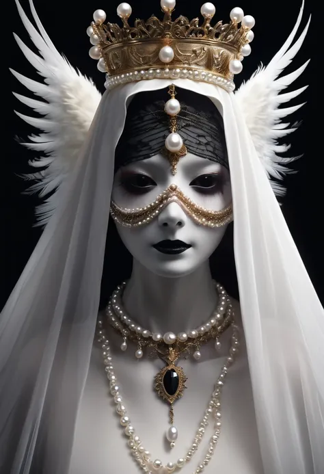 a disturbing faceless figure with skin covered in eyes, teeth, alone against a black background, wearing a crown, veil, hands, p...