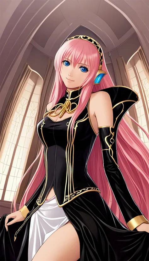 Beautiful adult woman ,Megurine Luka in official costume,Pink long hair,blue eyes,smile,Bedroom