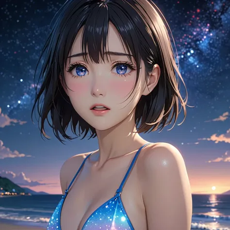 National Science Foundation,masterpiece,High resolution,8k,Art,digit,Three-dimensional,Realism,Kyoto Animation Style,your name movie style,looking into camera,cute,On the beautiful coast,night,(1 girl: 1.3),(alone: 1.4),(Sparkling Bikini),Put your hands be...