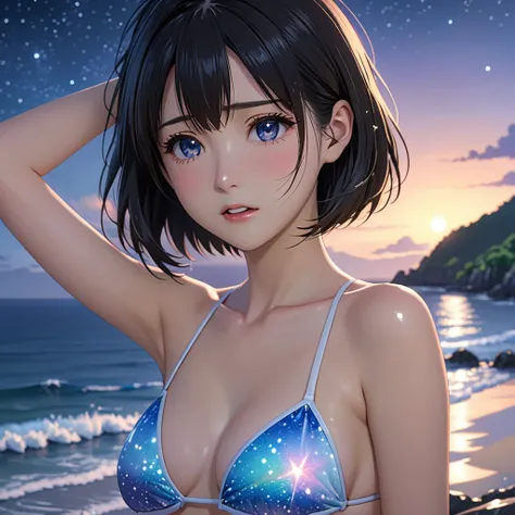 National Science Foundation,masterpiece,High resolution,8k,Art,digit,Three-dimensional,Realism,Kyoto Animation Style,your name movie style,looking into camera,cute,On the beautiful coast,night,(1 girl: 1.3),(alone: 1.4),(Sparkling Bikini),Put your hands be...