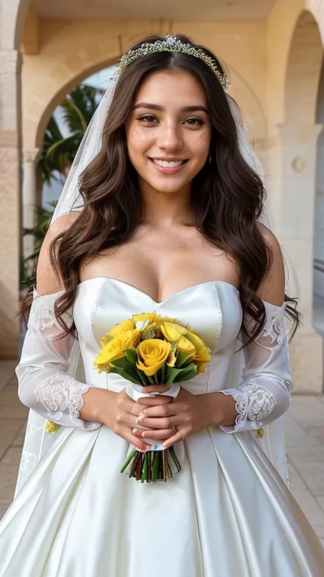 23 year old hyperrealistic brazilian girl in selfie mode for instagram snapchat influencer in wedding dress, wedding dress with sleeve silhuette princess, sefie, hiperrealista, mirada very happy,  smile, 23 year old hyperrealistic latin girl with freckles ...