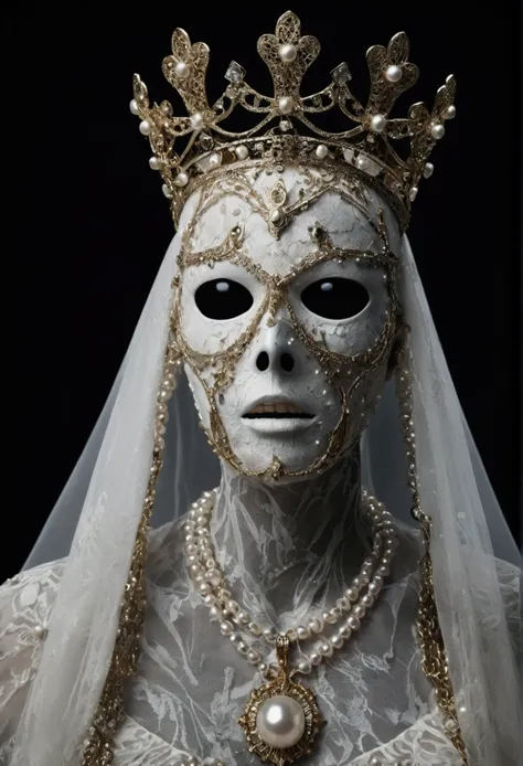 a disturbing faceless figure with skin covered in eyes, teeth, alone against a black background, wearing a crown, veil, hands, p...