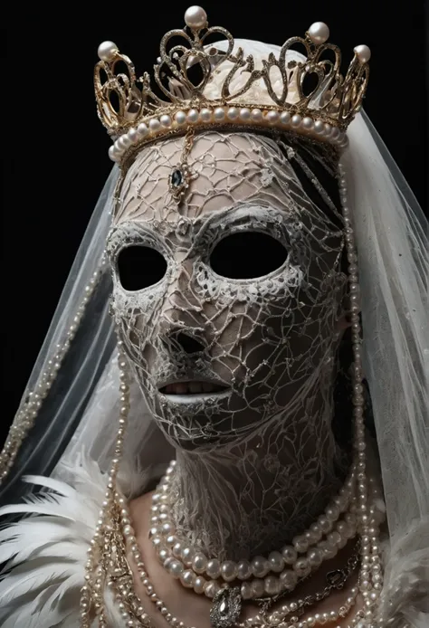 a disturbing faceless figure with skin covered in eyes, teeth, alone against a black background, wearing a crown, veil, hands, p...