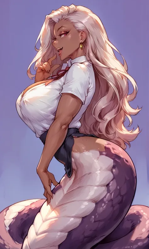 (solo) female anthro lamia, long blond hair, lamia, big breasts, attractive, teacher dress, fit body, lamia tail, arachne eyes, ...