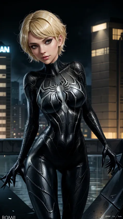 28 year old girl, spider-man venom black suit, short blunt hair, blond, pretty face, rain, roof, first work, cracked details, pe...