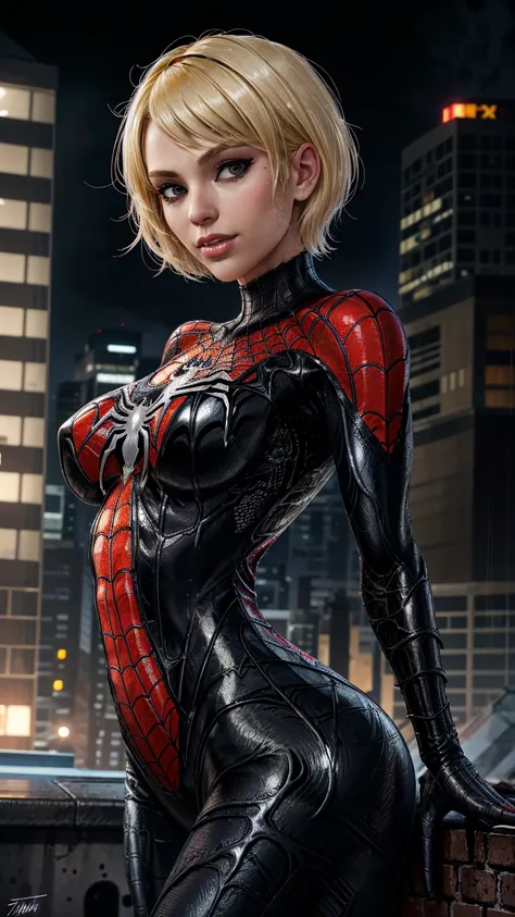 28 year old girl, spider-man venom black suit, short blunt hair, blond, pretty face, rain, roof, first work, cracked details, pe...