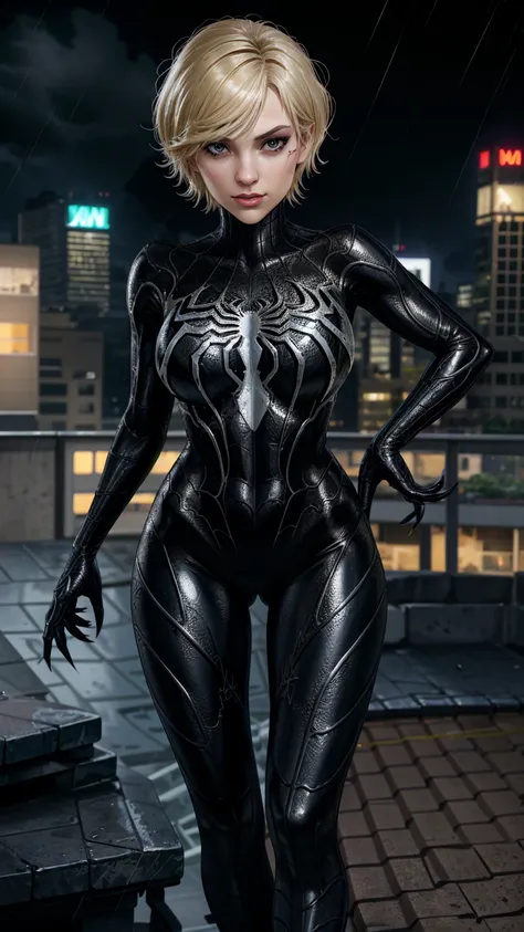 28 year old girl, spider-man venom black suit, short blunt hair, blond, pretty face, rain, roof, first work, cracked details, pe...