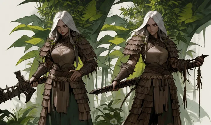 elden ring, dark souls, concept art sheet, items, weapons: Female Tribal Warrior wearing tattered clothing taken over by flowers and jungle plants that is controlling her.