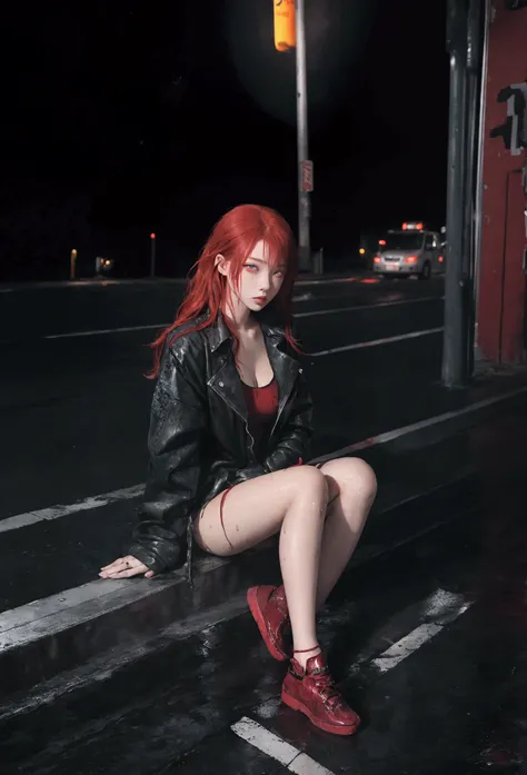 Young woman, Red hair, Red eyes, torn clothes, tramp, gloomy aesthetic, Sitting on the curb, wet asphalt