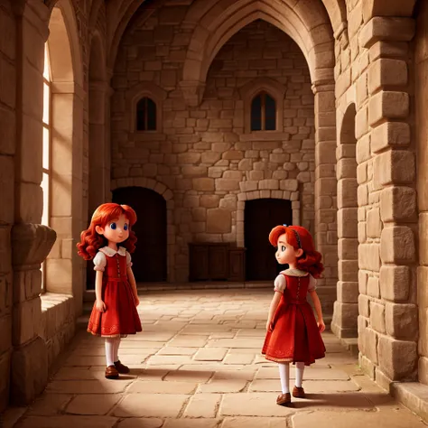  10-year-old red-haired princess walks through the castle&#39;s beautiful gardens