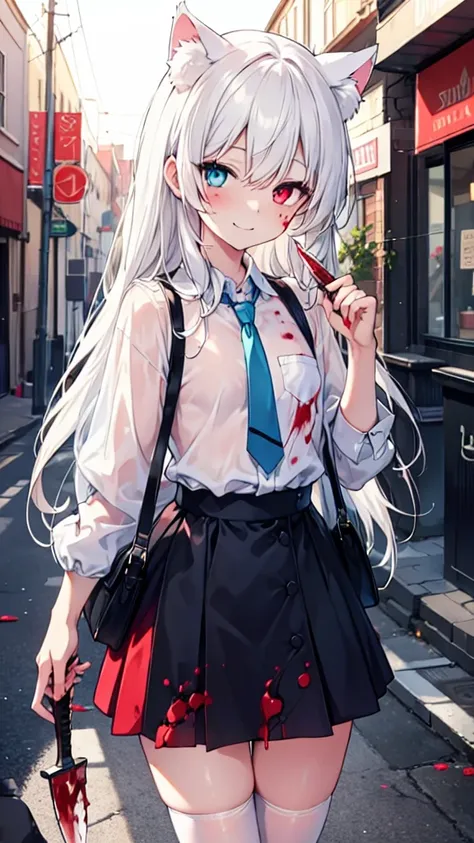 a girl with white stockings, white hair, maniacal laughter, long hair, cat ears, heterochromia (left blue, right red), female face, sparkling eyes, flat chest, red aura, night, deserted alley, black mini skirt, holding a knife, blood-stained clothes, blood...