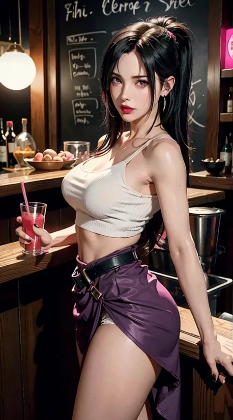 tifa lockhart, black hair down to the back, crimson eyes, symmetrical look, thin mouth, pink lipstick, rosto angelical, wearing purple miniskirt, behind a bar counter, personagem tifa lockhart de Final Fantasy VII