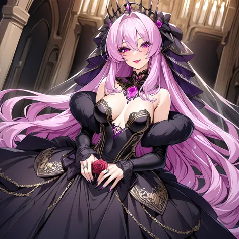 ((Highest quality)), ((masterpiece)), (detailed), （Perfect Face）、The woman is the evil queen Luxria, with medium-long pink hair, a gorgeous black wedding dress with gold embroidery and trim, a black wedding veil, an engagement ring, gorgeous accessories, l...