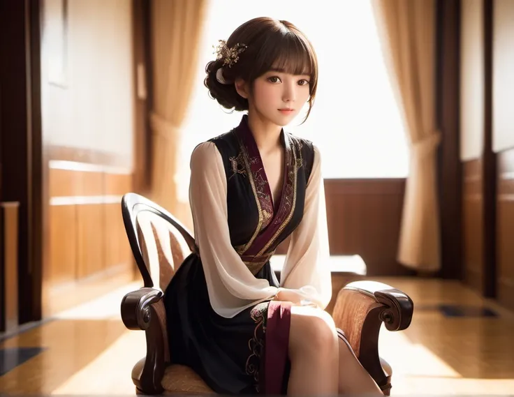 1 Japanese_woman,(Age 25), alone, cute, (Brown eyes ,Capture the light:1.5), Natural Skin, (Brown Hair), indoor ,(A shy smile), Sit on a chair,(thin formal dresses),
Tenebrism, (Dramatic lighting:1.2), Deep Shadow, Impressive highlights, Strong contrast, B...