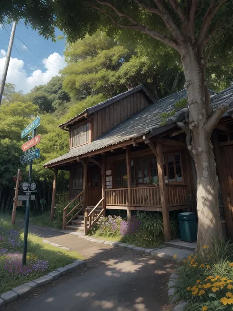 super wide perspective, ghibli anime scene, coffee shop in the woods, worn off road, zebra crossing, moody weather, under a big banyan tree, street light, poles and wires, tropical leafy plant pots, menu board, sign board, long grass with wild flowers, in ...