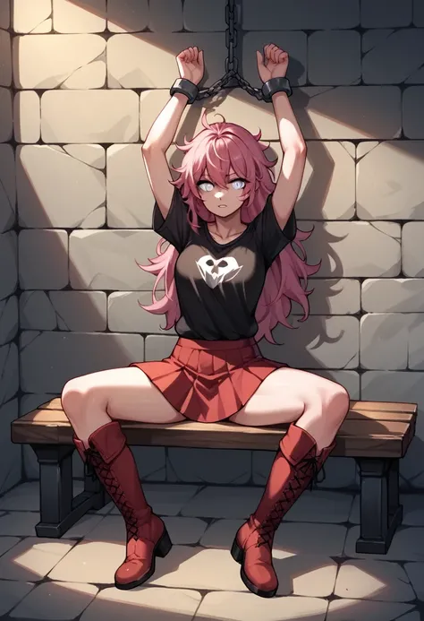 score_9, score_8_up, score_7_up, score_6_up, score_5_up, score_4_up, source_anime, 1woman, sit, stone bench, pink hair, long hair, white eyes, w-w-chain, shackles, spread arms, messy hair, black shirt, red skirt, red thigh high boots, platforms, moving the...