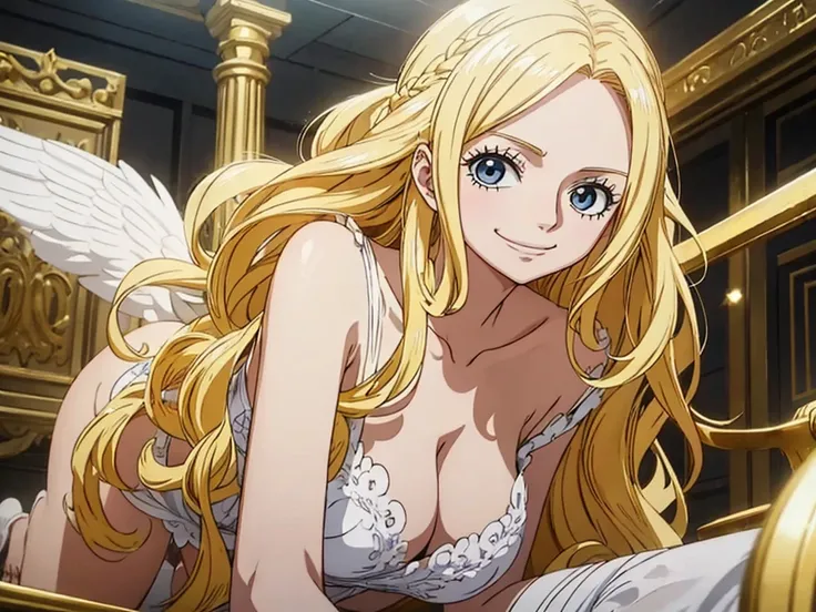 One piece animation style, blonde hair, long hair, shy smile, wavy hair, long gold eyelash, young girl, lovely girl, gold eyes, upper body shot, wearing white dress, white angle wing, pale skin tone,