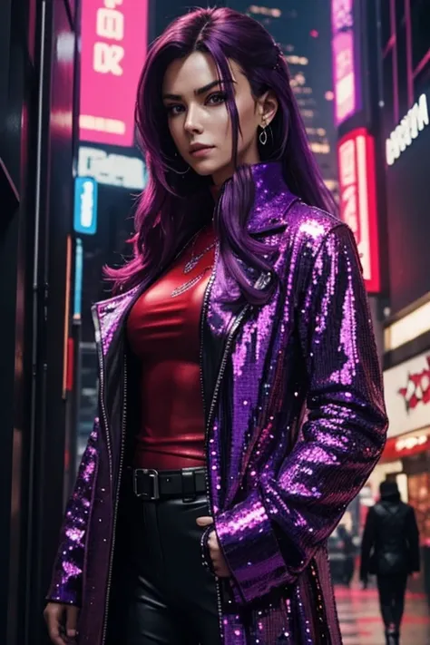 Cyberpunk, Woman, open purple sequin coat, red clothing, cyberpunk mercenary, red shirt