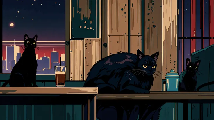 best quality, 8k, 1990s style,2010s hairstyles, 21-year-old boy, black hair,  light brown eyes, city pop, pants ,night view, wearing headphones, whole body,  relax coffee,table,confection,Looking at me, Black cat
