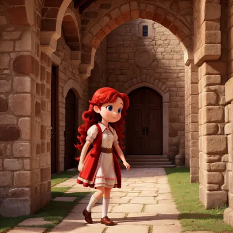  10-year-old red-haired princess walks through the castle&#39;s beautiful gardens pink