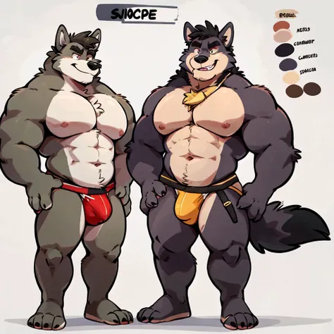 Wolf By Haps,1boy, abs, animal ears, bara, bulge, full body, white background, Seminude, Jockstrap, side, Standing, feet, Character sheet reference, 