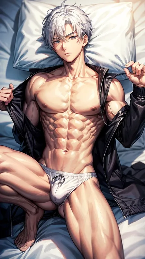 Anime guy about 16 without outerwear. Muscular with 6-pack abs and back. With white hair. Lying on the bed. 