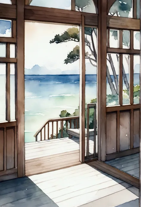 cypress trees, white veranda, Sea, watercolor