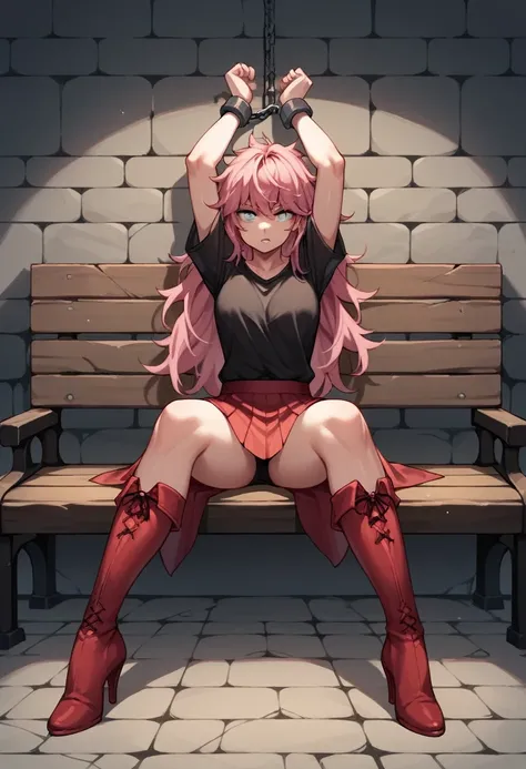 score_9, score_8_up, score_7_up, score_6_up, score_5_up, score_4_up, source_anime, 1woman, sit, stone bench, pink hair, long hair, white eyes, w-w-chain, shackles, spread arms, messy hair, black shirt, red skirt, red thigh high boots, heels, moving the leg...