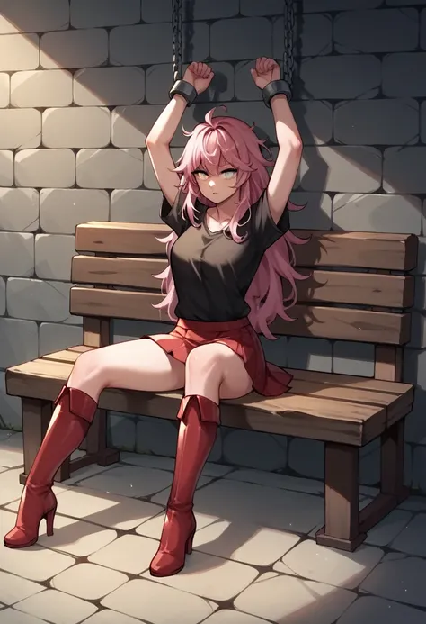 score_9, score_8_up, score_7_up, score_6_up, score_5_up, score_4_up, source_anime, 1woman, sit, stone bench, pink hair, long hair, white eyes, w-w-chain, shackles, spread arms, messy hair, black shirt, red skirt, red thigh high boots, heels, moving the leg...