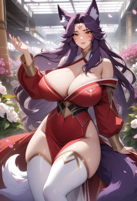 masterpiece, best quality, very aesthetic, absurdres, 1girl, mature_lady, ,,ahri(league_of_legends), 1girl, kitsune, kyuubi, deep purple hair,deep purple fox ears, long_hair,brown_eyes ,facial mark, whisker markings,white fox tail,kyuubi, large_breasts, lo...