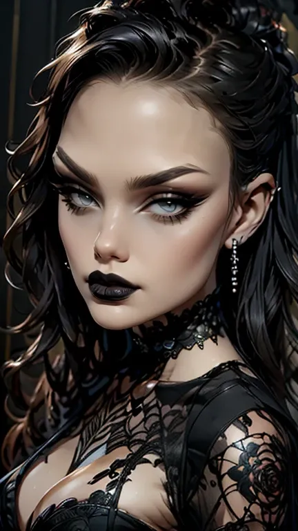 Create an extravagant full-body portrayal of a woman in Gothic style, emphasizing the "woman" theme. The design should feature Gothic elements such as lace, ribbons, and Victorian details, presenting an elegant and intricate style. Use a color palette of b...