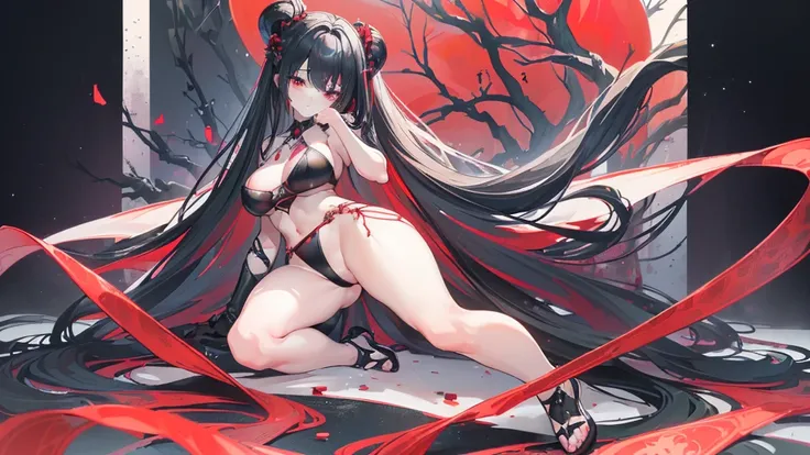 (Exquisite eyes),(Clear and beautiful eyes:1.61),masterpiece, 1 young girl,(Black clothes and some red gems), Black long hair, (She has a huge red gem on her chest), Good Hand,((The Havoc of StarCraft)),full-body shot,Fighting Stance,(Red Eyes:1.466)，short...