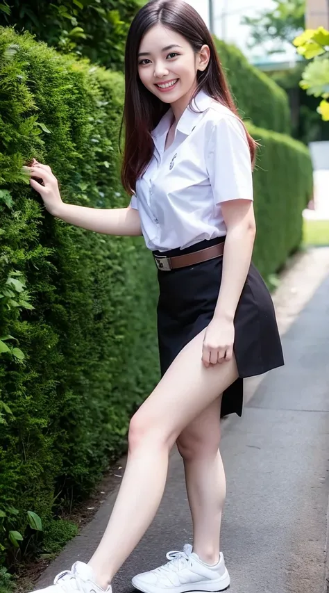 18s woman in Thai university uniform, white shirt, black skirt, brown belt, white sneakers ,big ass, dark background